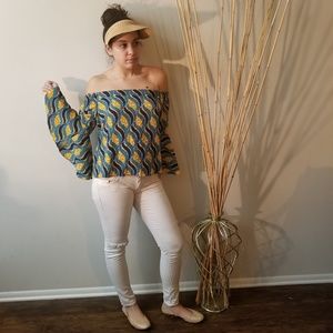African Print Off Shoulder Bell Sleeve Top